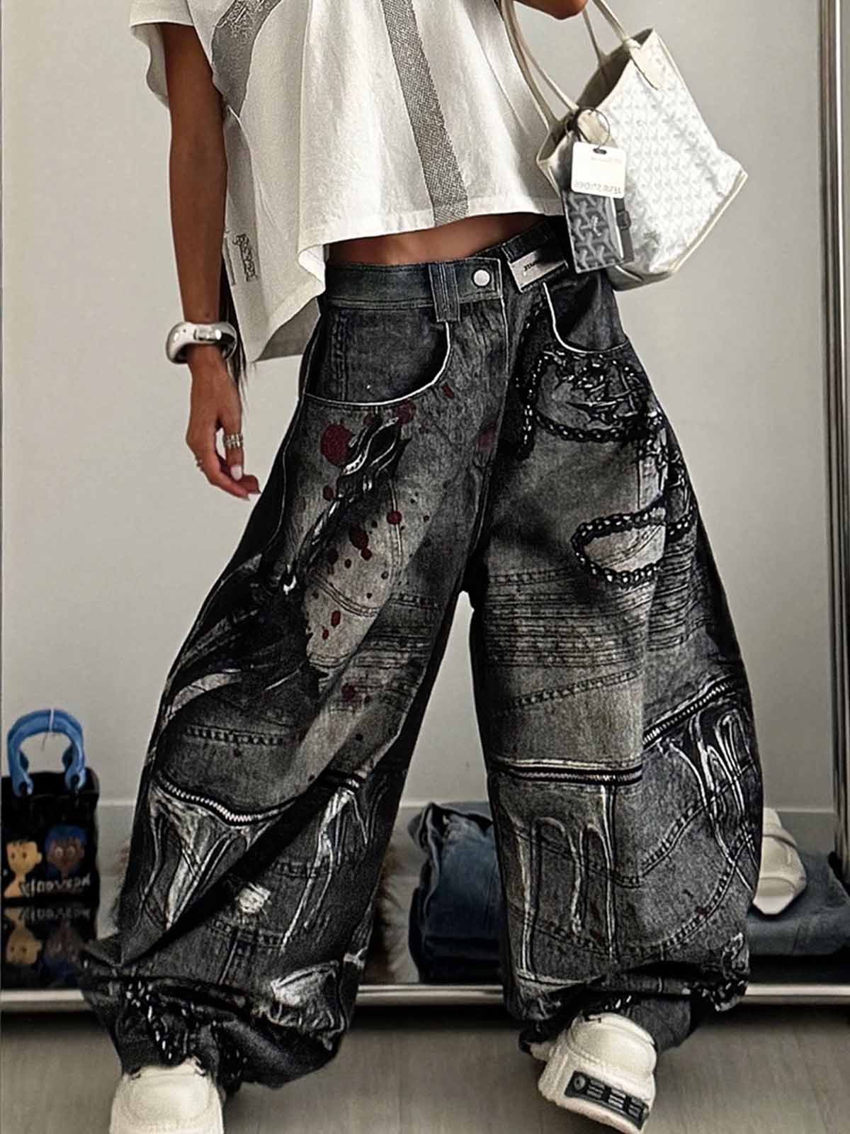 Abstract Graphic Print Wide Leg Barrel Jeans - Image 3