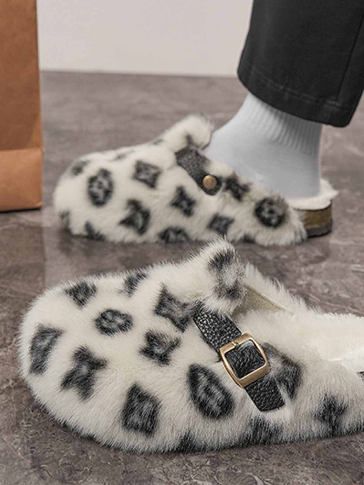 Abstract Spotted Faux Fur Buckle Clogs - Image 10