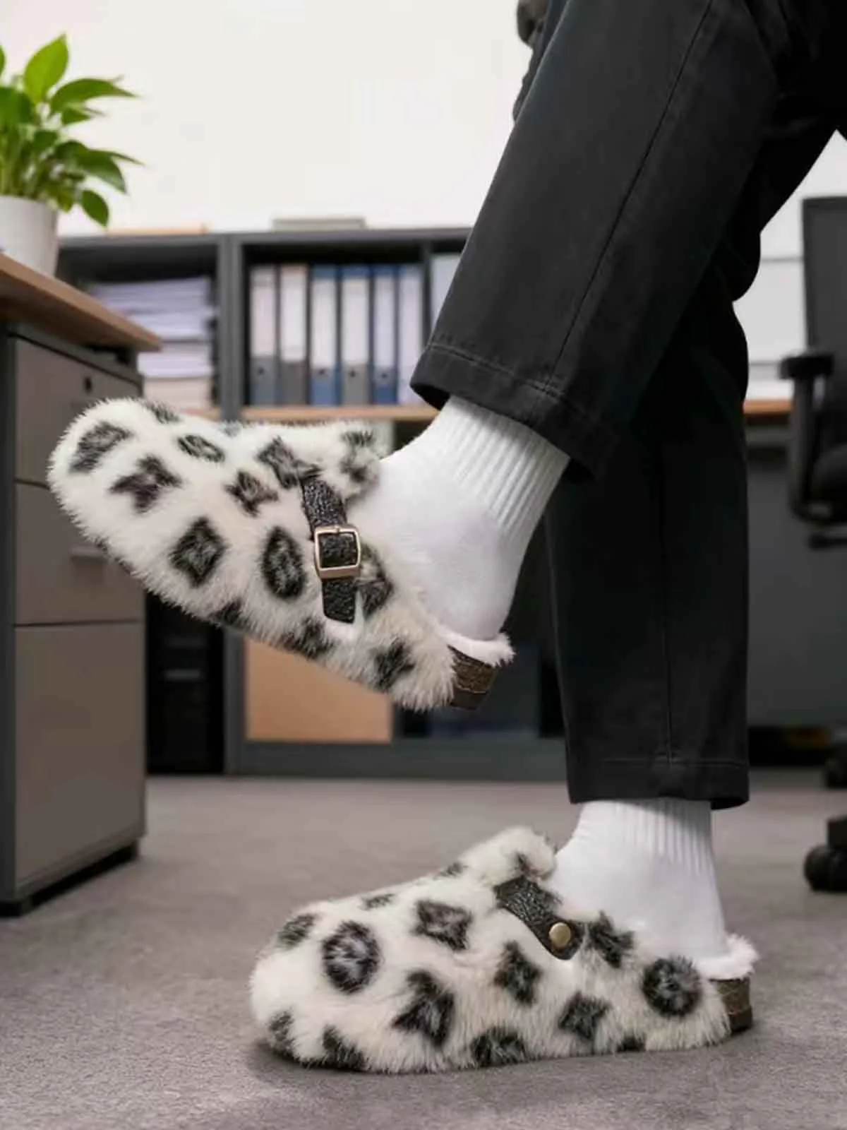 Abstract Spotted Faux Fur Buckle Clogs - Image 8