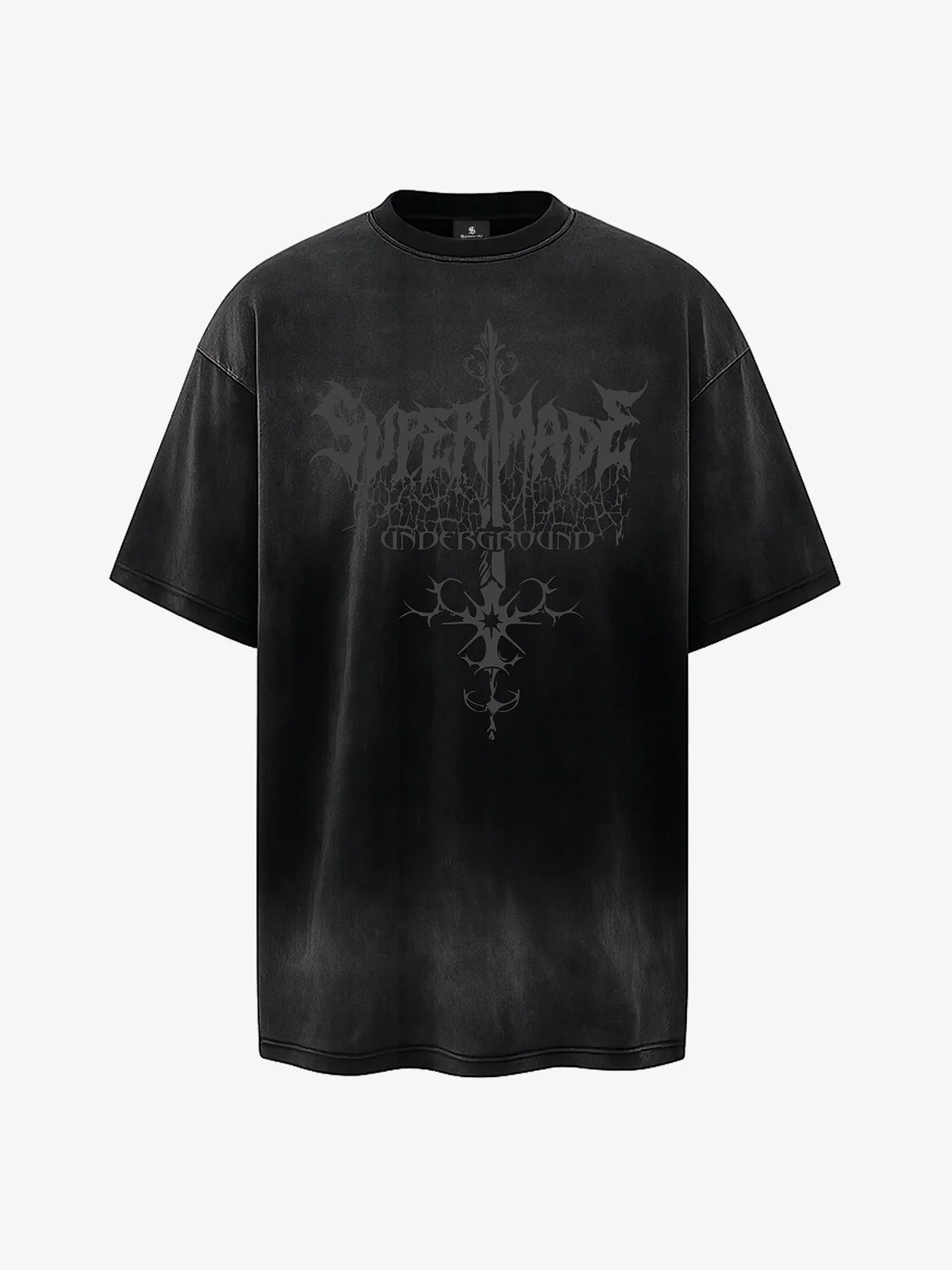 Acid Wash Gothic Cross Spine Graphic Distressed T-Shirt - Image 2