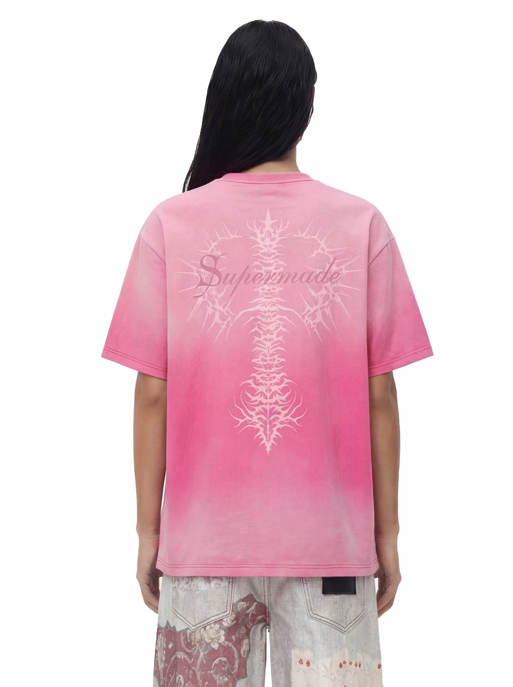 Acid Wash Gothic Cross Spine Graphic Distressed T-Shirt - Image 3