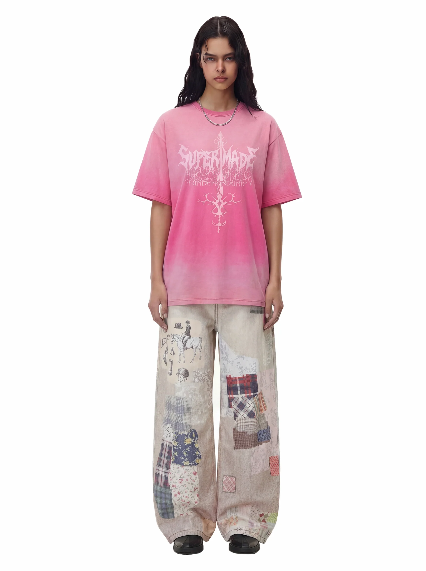 Acid Wash Gothic Cross Spine Graphic Distressed T-Shirt - Image 4