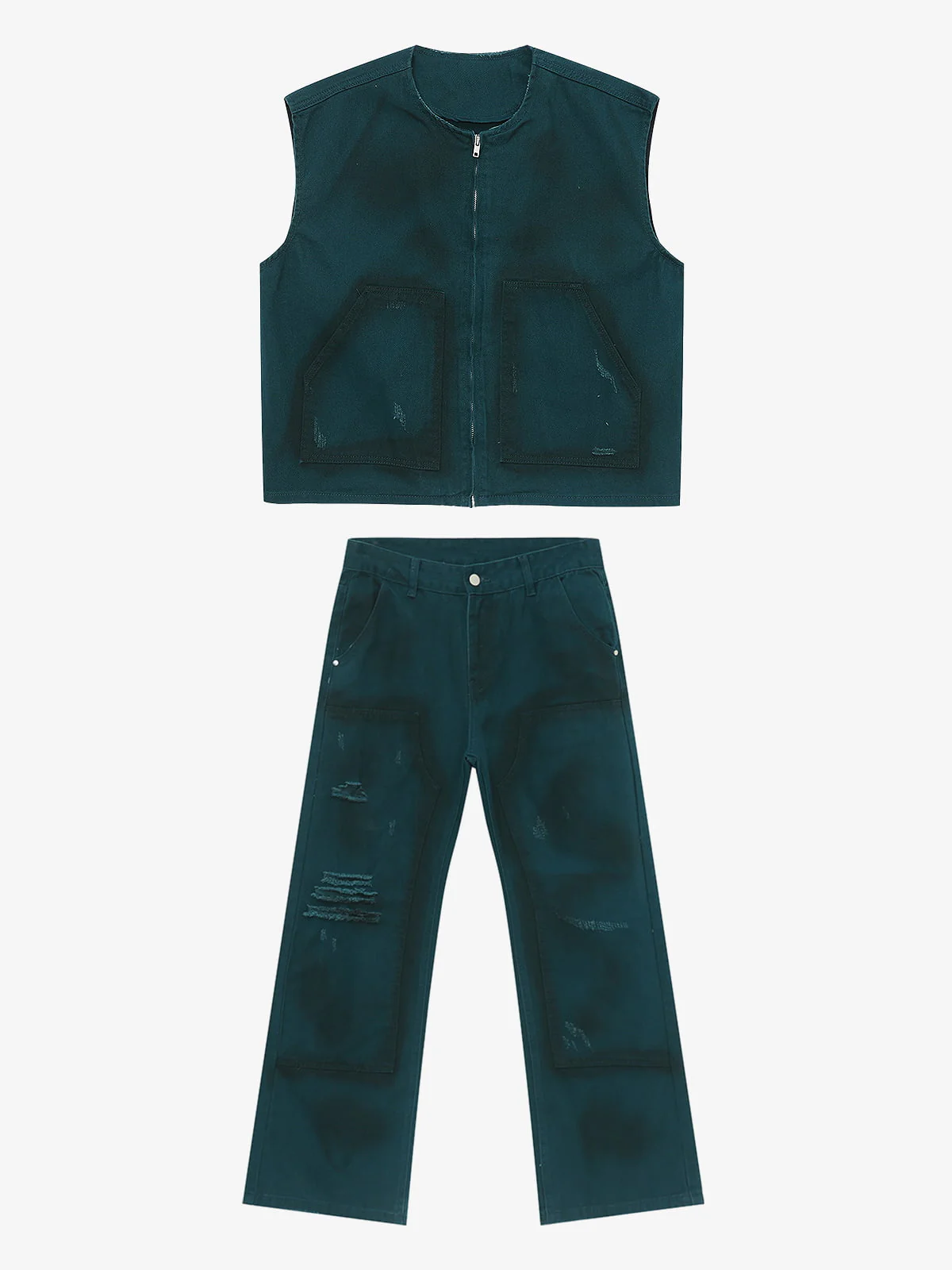 Airbrush Print Sleeveless Vest & Straight Leg Jeans Set - Image 2