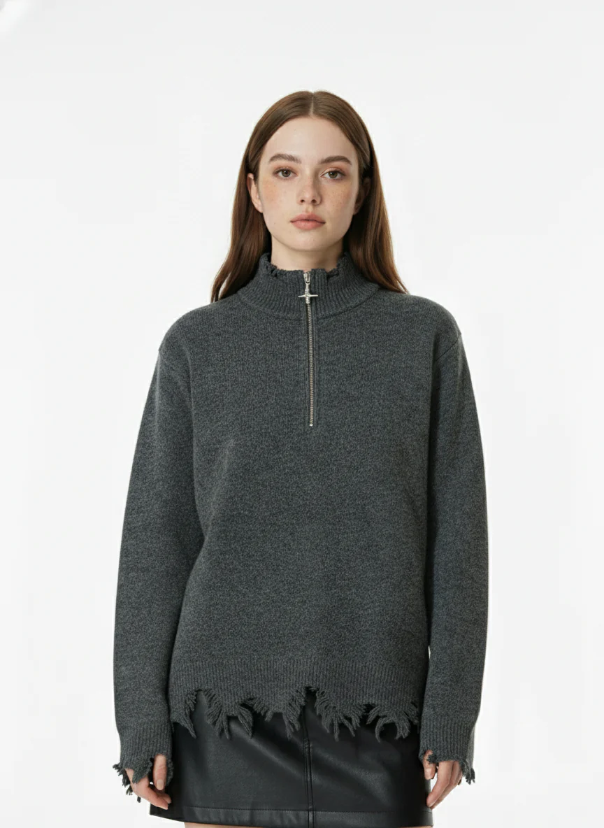 Distressed Quarter Zip Sweater