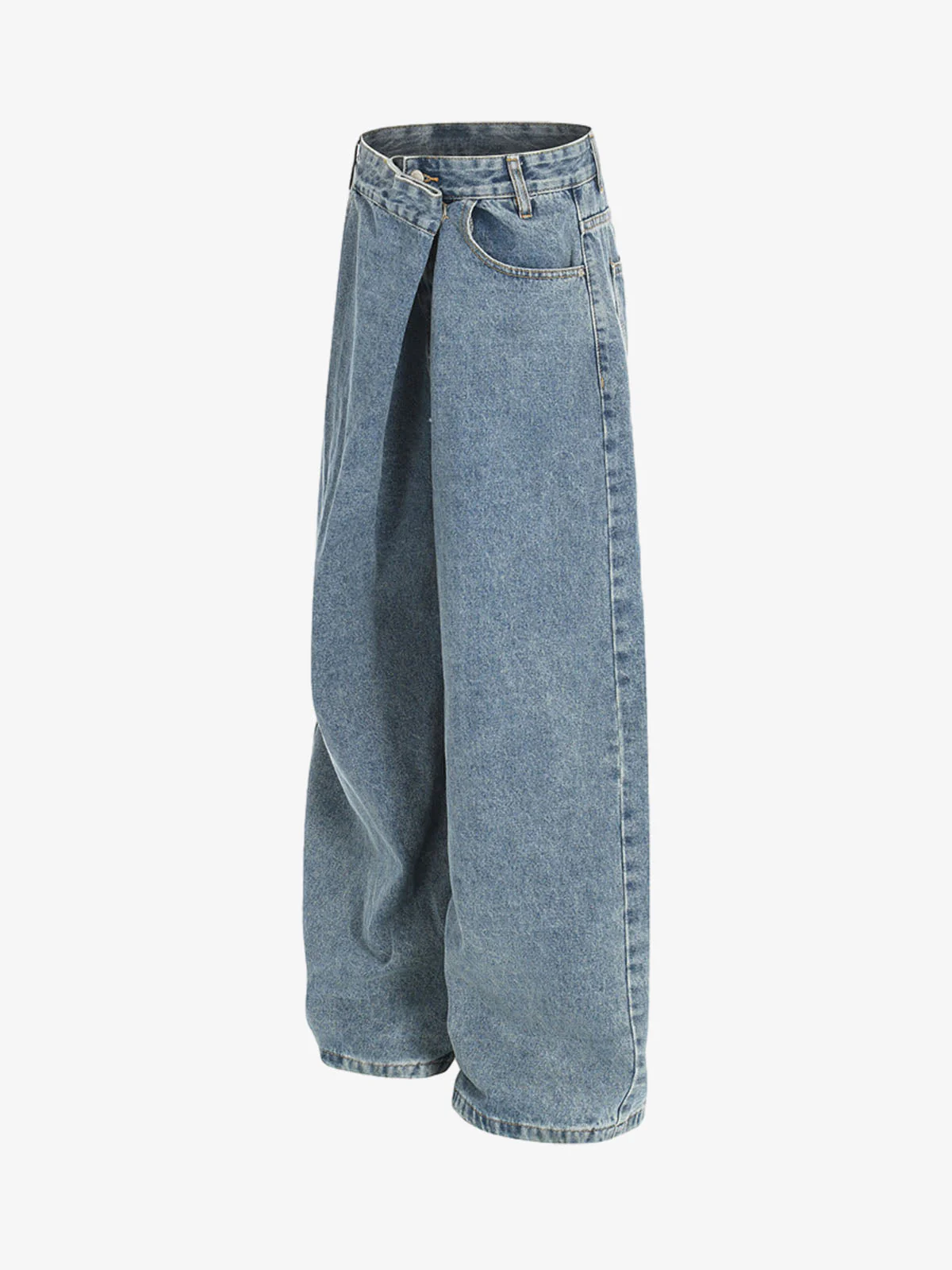 Asymmetric Layered Waist Wide Leg Denim Jeans - Image 3