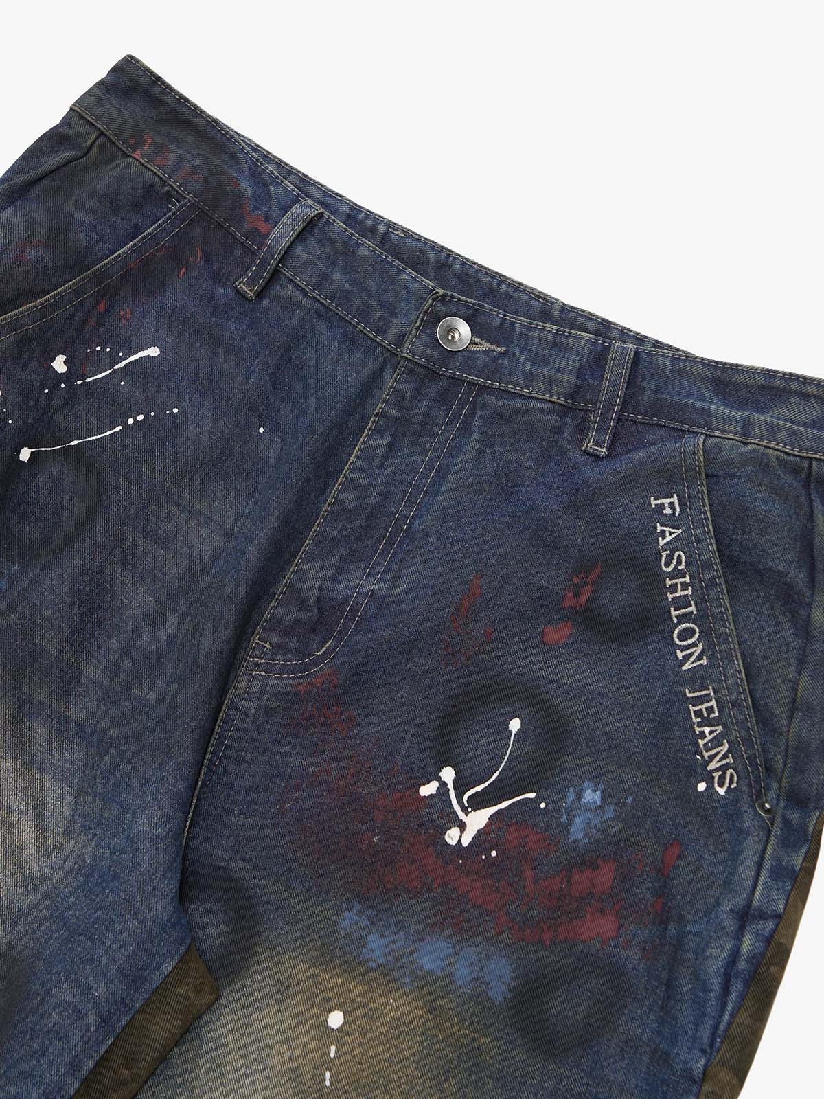 Washed Stripe Patchwork Totem Print Baggy Jeans - Image 13