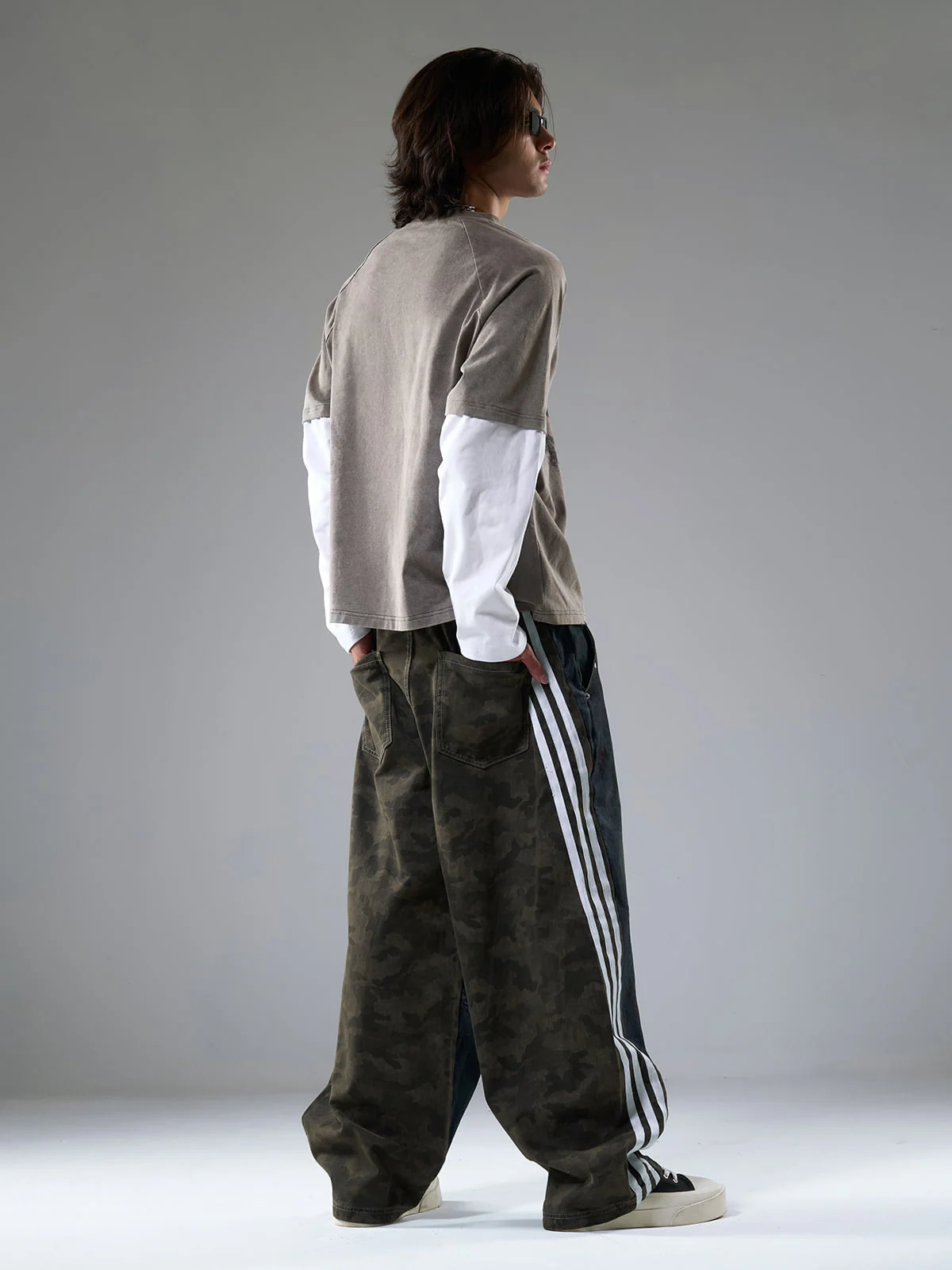 Washed Stripe Patchwork Totem Print Baggy Jeans - Image 5