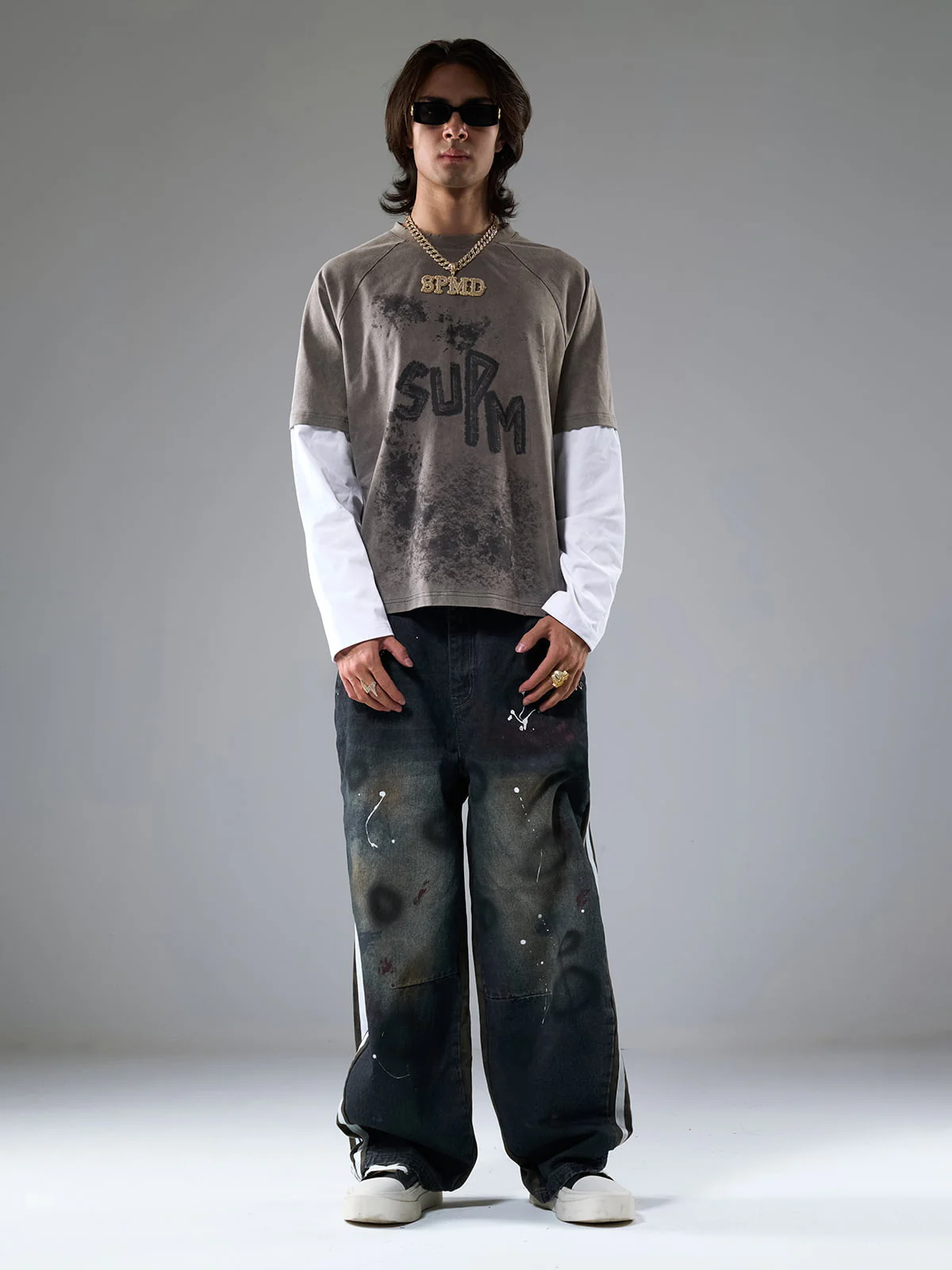 Washed Stripe Patchwork Totem Print Baggy Jeans - Image 6