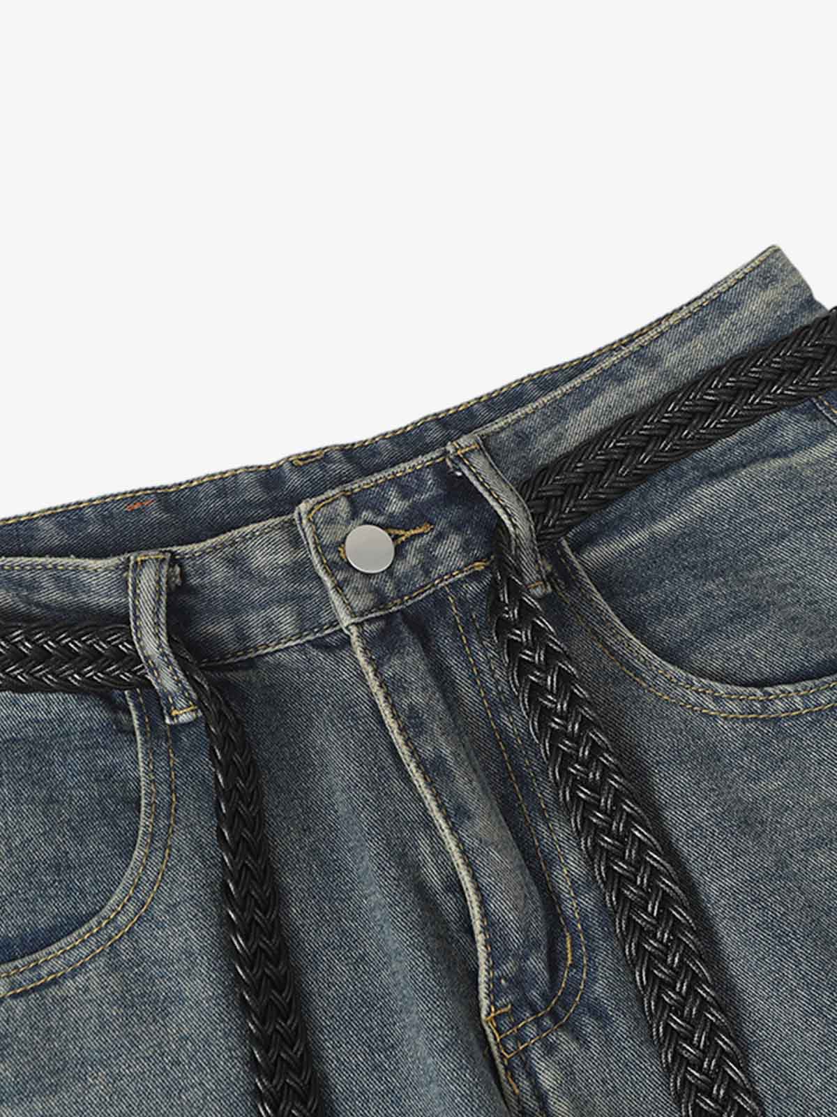 Braided Drawstring Waist Patchwork Cargo Jeans - Image 10