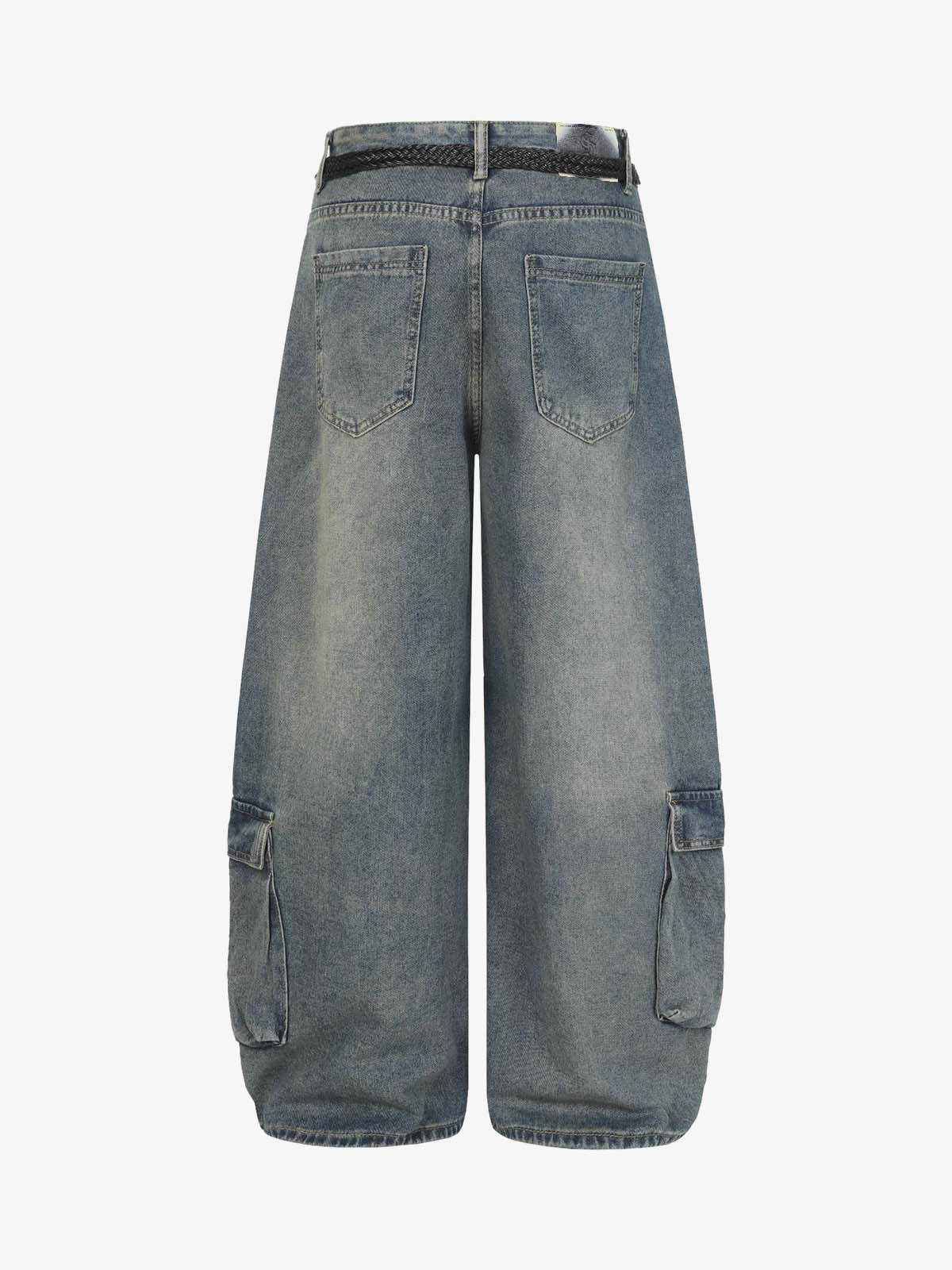 Braided Drawstring Waist Patchwork Cargo Jeans - Image 2