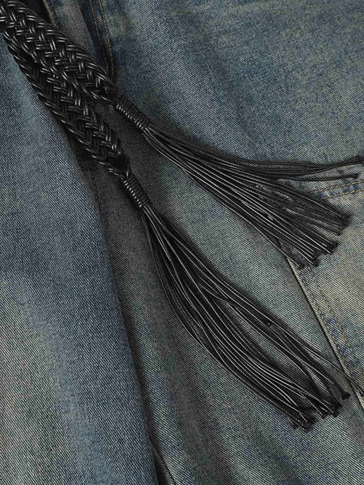 Braided Drawstring Waist Patchwork Cargo Jeans - Image 3
