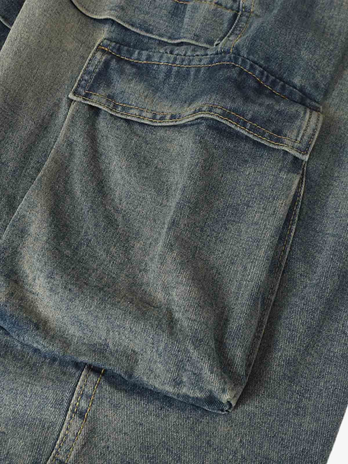 Braided Drawstring Waist Patchwork Cargo Jeans - Image 4