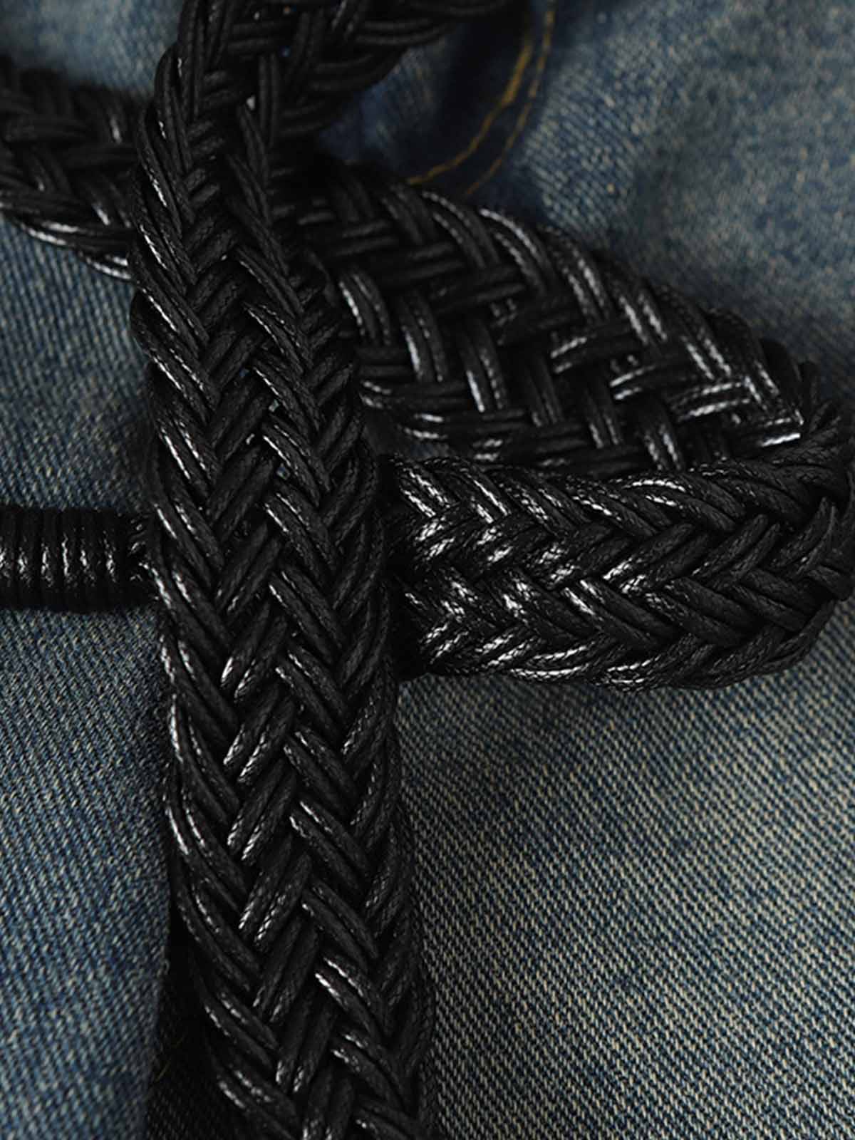 Braided Drawstring Waist Patchwork Cargo Jeans - Image 5