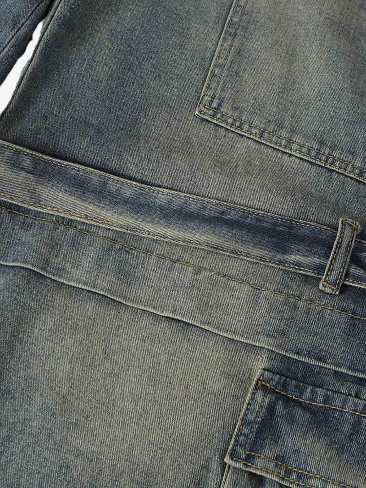 Braided Drawstring Waist Patchwork Cargo Jeans - Image 9