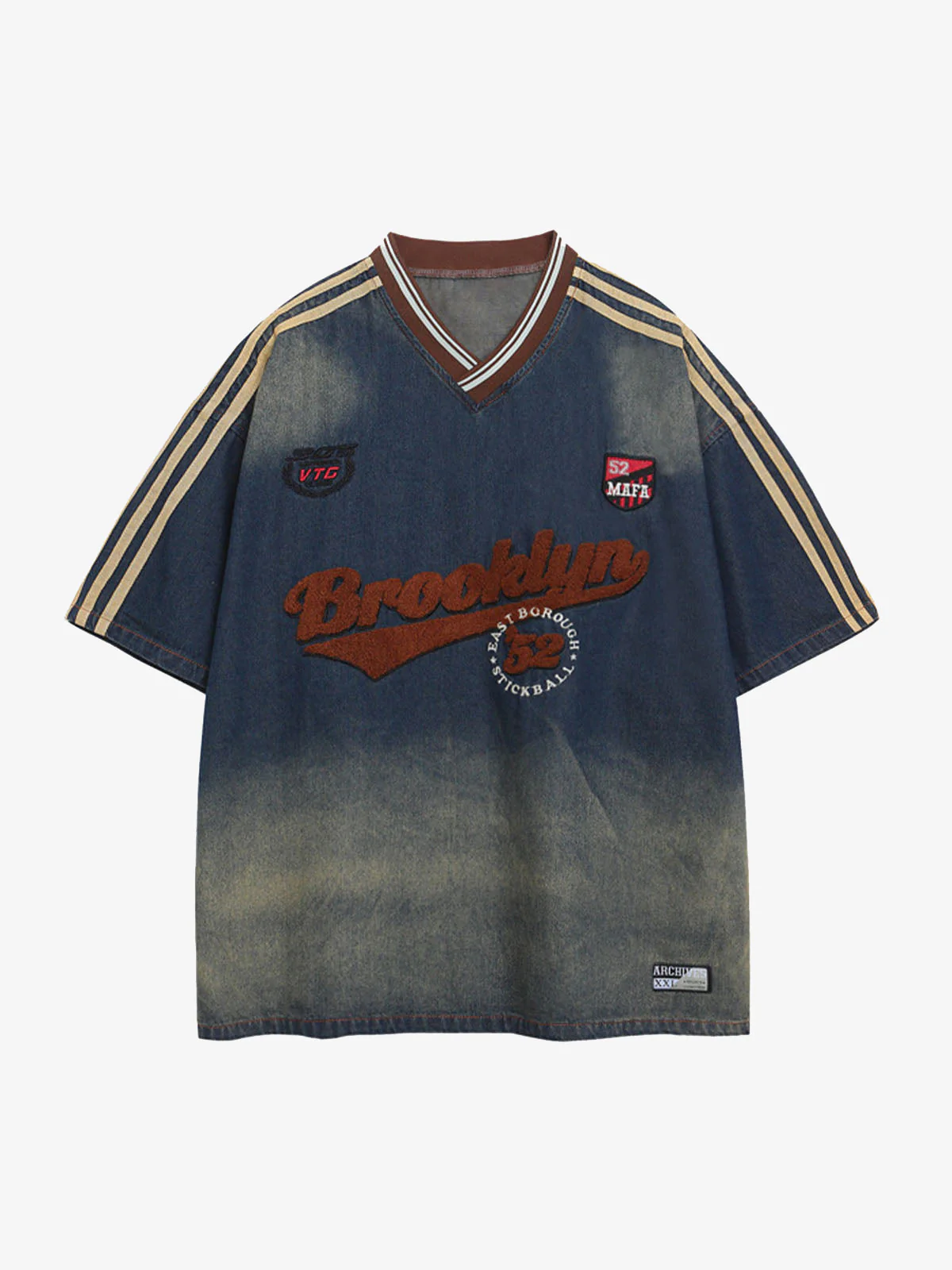 Denim Vintage Washed Distressed Gradient Embroidery T-Shirt - Image 2