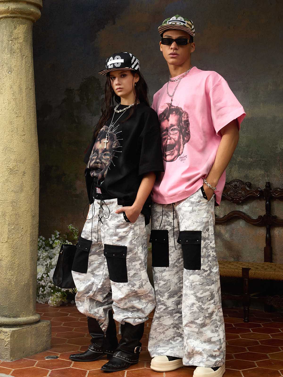 Camo Embroidered Double Waist Lace-Up Wide Leg Cargo Pants