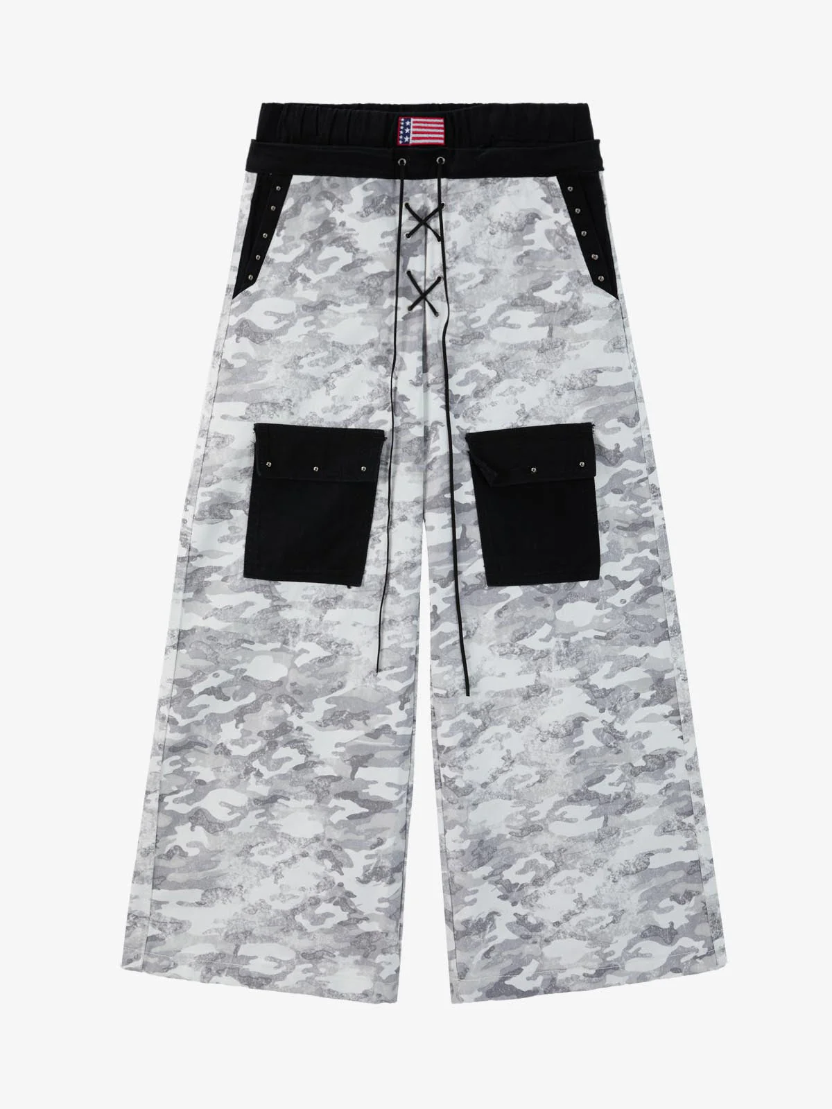 Camo Embroidered Double Waist Lace-Up Wide Leg Cargo Pants - Image 2