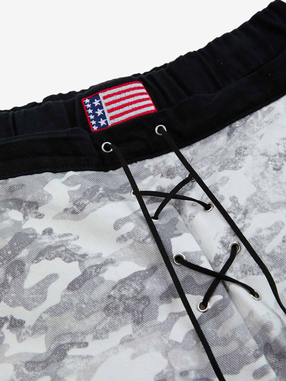 Camo Embroidered Double Waist Lace-Up Wide Leg Cargo Pants - Image 6