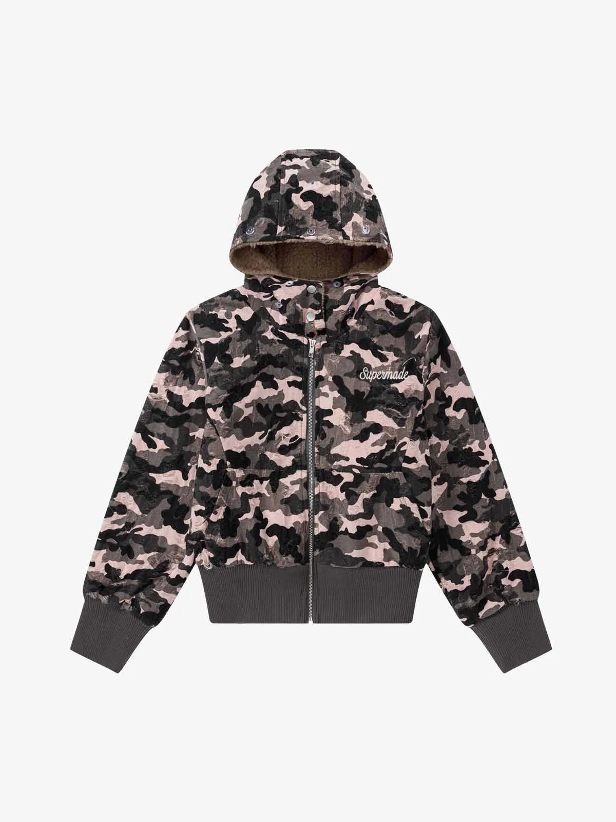 Camo Sherpa-Lined Detachable-Collar Fleece Hooded Jacket - Image 2