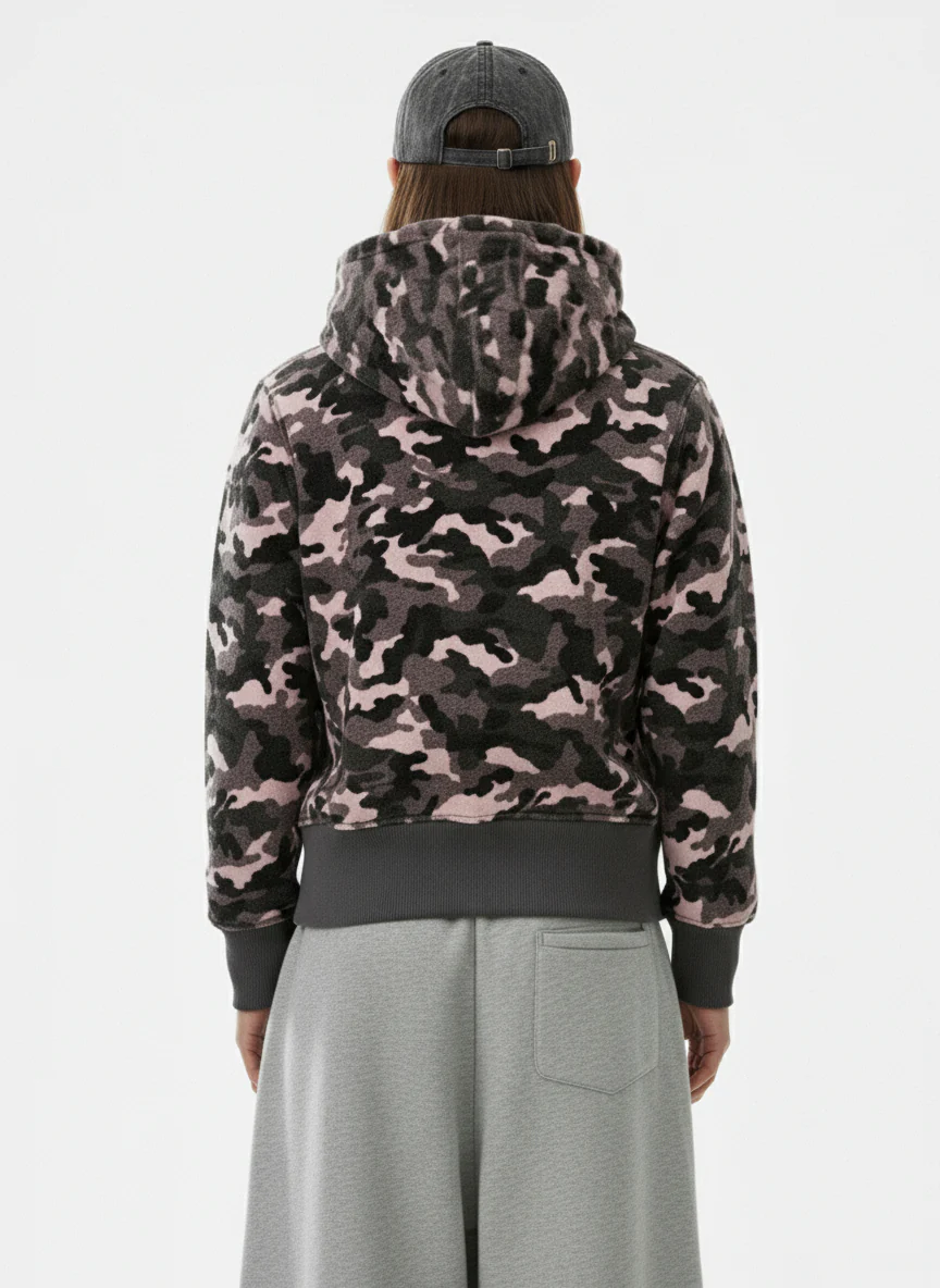 Camo Sherpa-Lined Detachable-Collar Fleece Hooded Jacket - Image 4