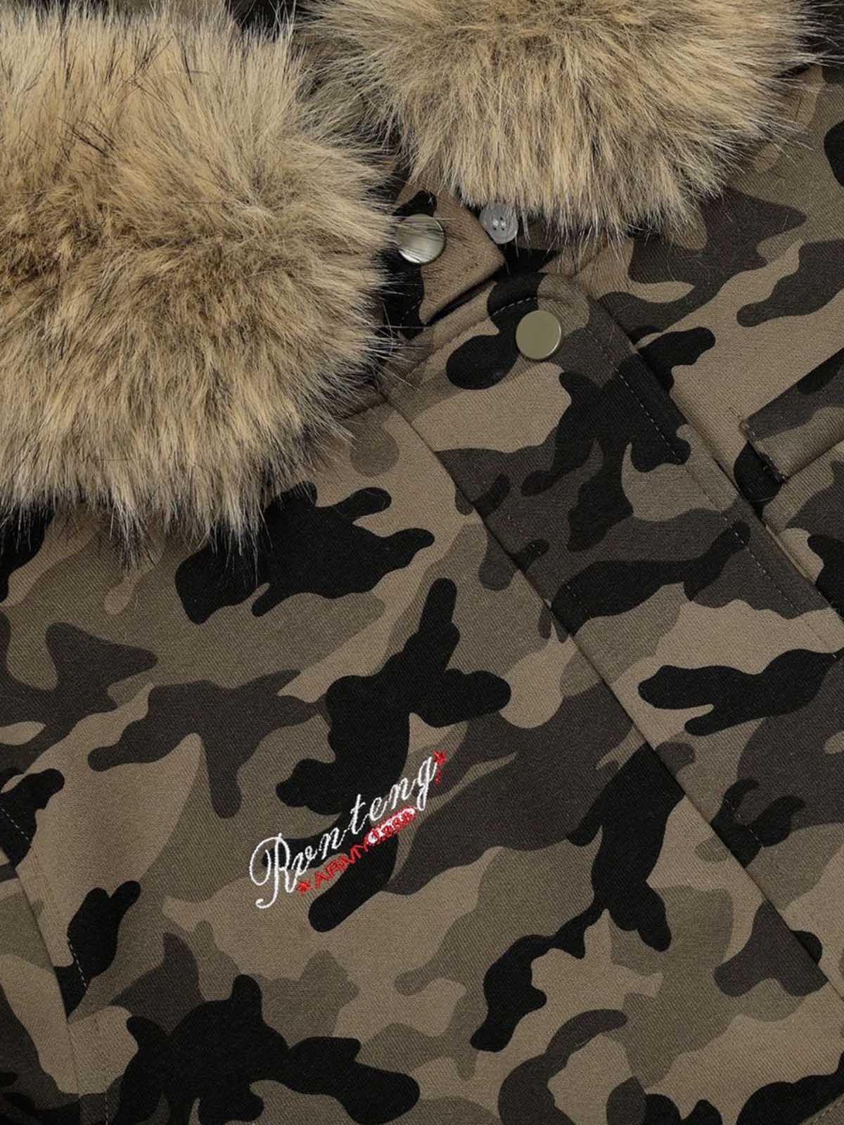 Camouflage Embroidery Patchwork Cardigan Fur Collar Hooded Sweatshirt - Image 10