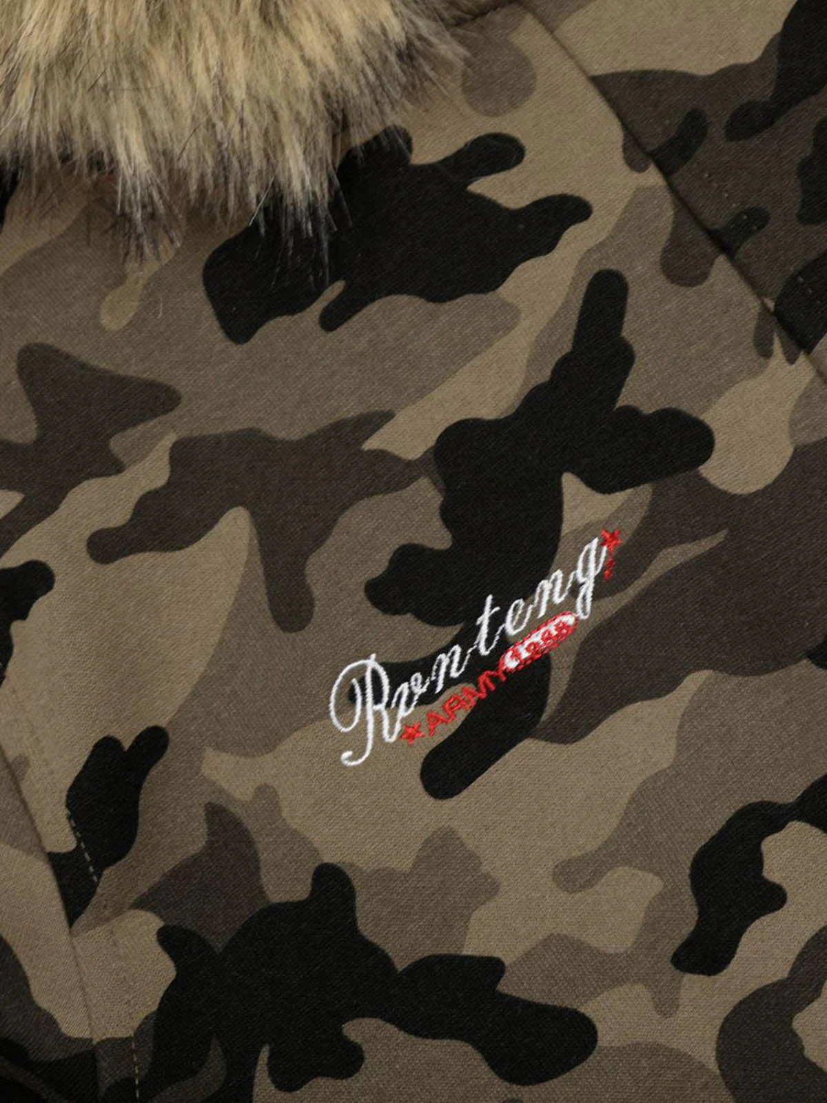 Camouflage Embroidery Patchwork Cardigan Fur Collar Hooded Sweatshirt - Image 12