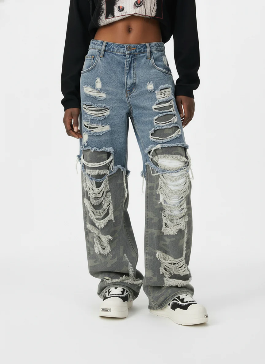 Camouflage Patchwork Ripped Cargo Jeans - 2452 - Image 3