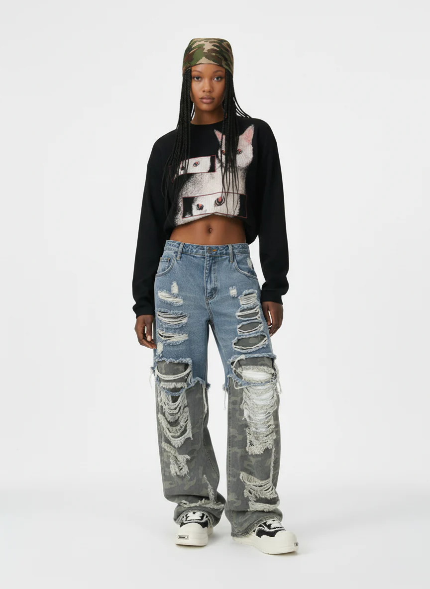 Camouflage Patchwork Ripped Cargo Jeans - 2452 - Image 5