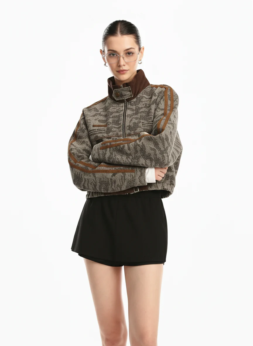 Camouflage Print Stand Collar Cropped Jacket