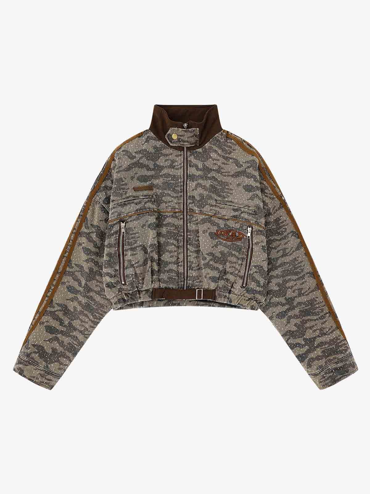Camouflage Print Stand Collar Cropped Jacket - Image 2