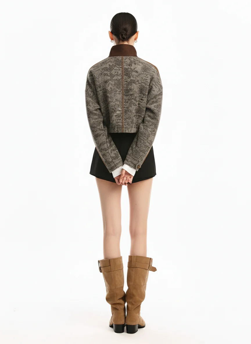 Camouflage Print Stand Collar Cropped Jacket - Image 4