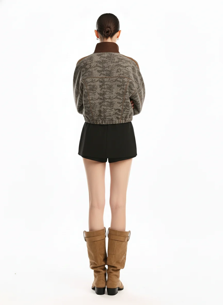 Camouflage Print Stand Collar Cropped Jacket - Image 5