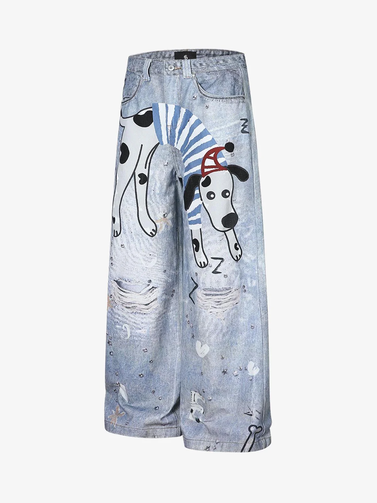 Cartoon Dalmatian Dog Graphic Distressed Washed Jeans - Image 3