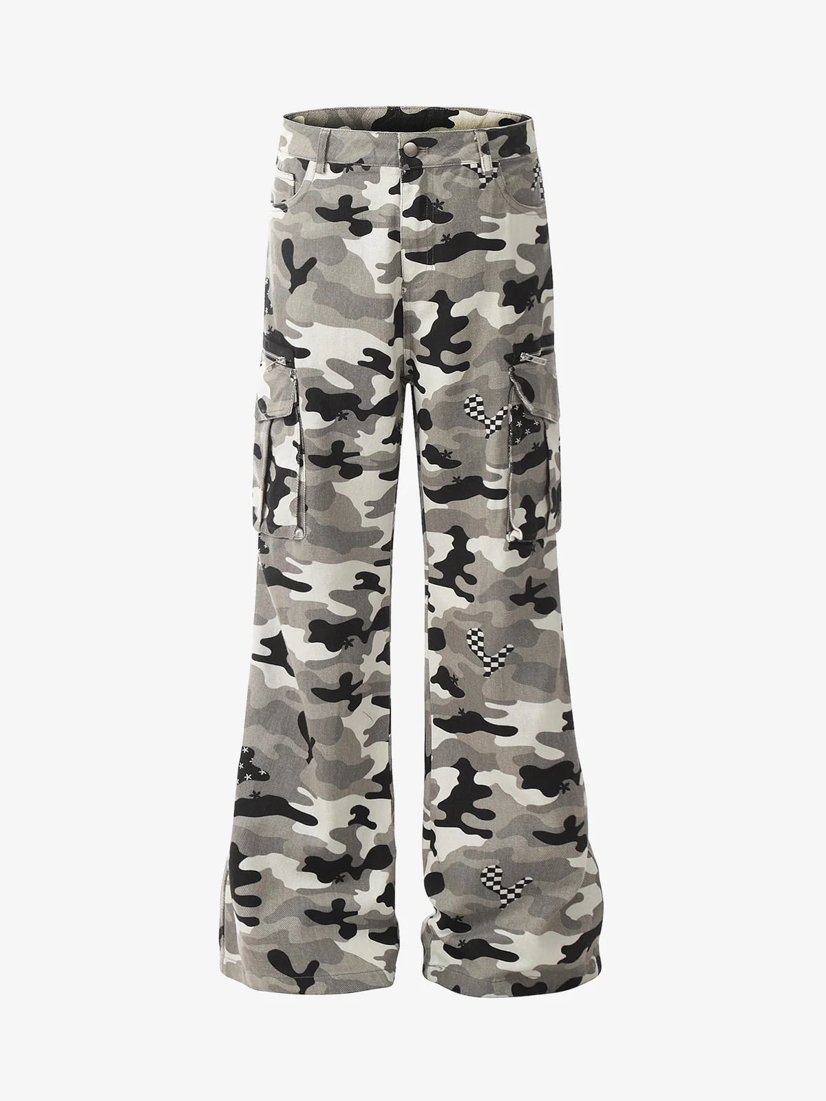 Checkerboard Patches Camo Cargo Flared Pants