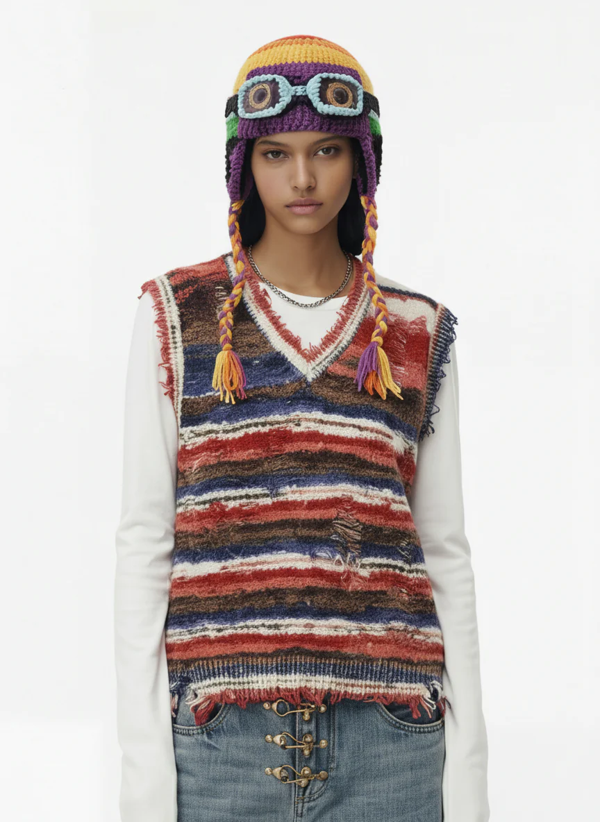 Colorblock Crochet Goggles Trapper Hat - Image 5