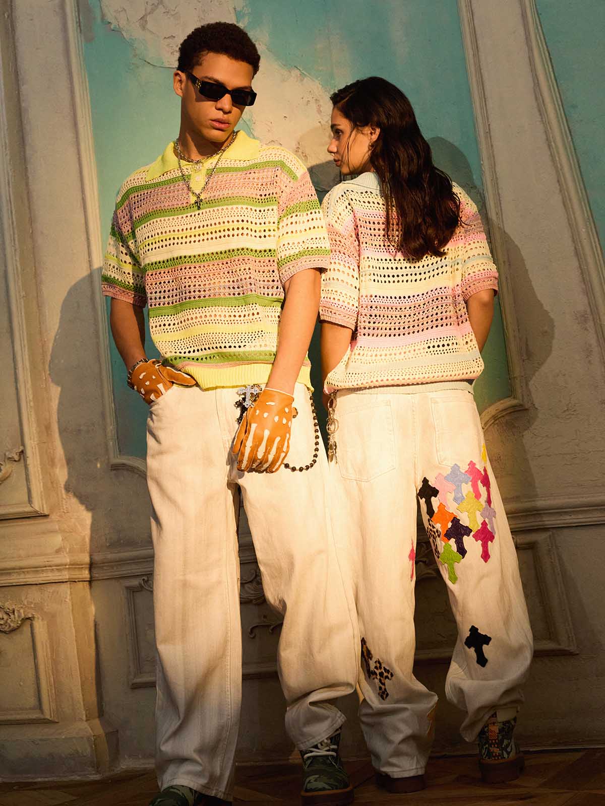 Colorful Cross Patch Straight Leg with Detachable Chain Jeans - Image 4