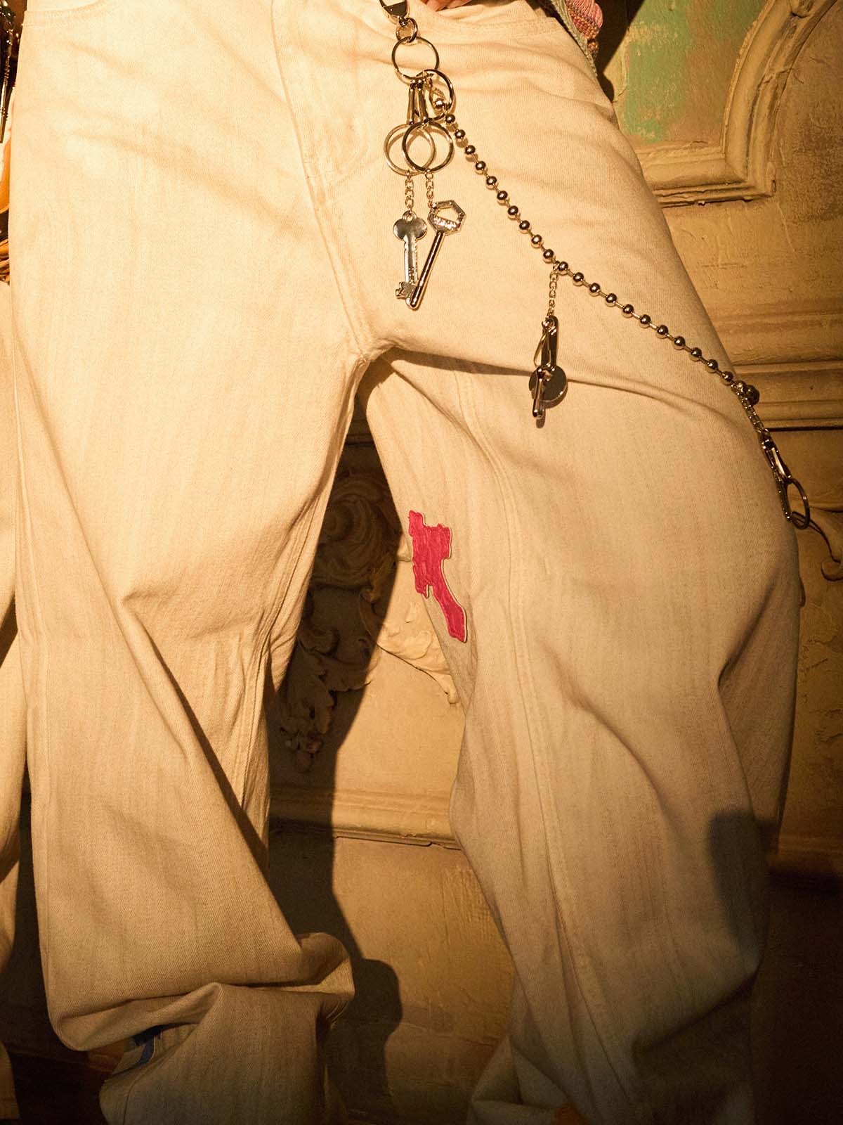 Colorful Cross Patch Straight Leg with Detachable Chain Jeans - Image 5