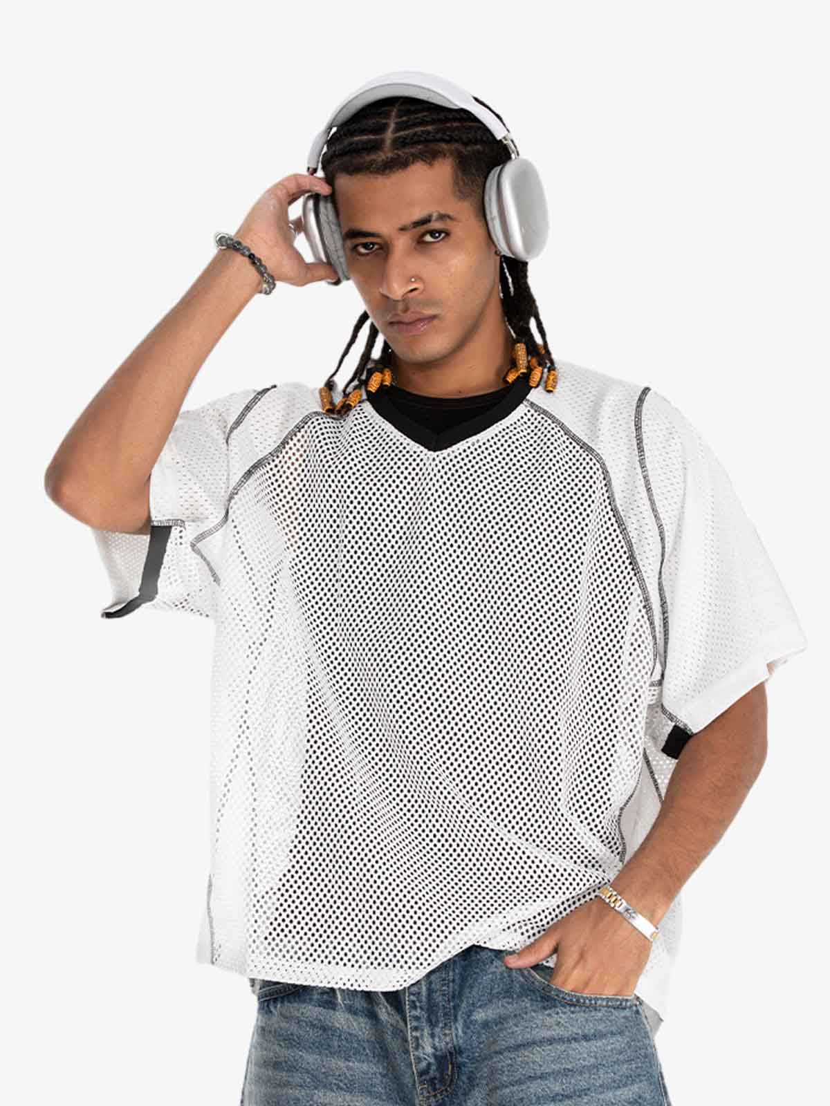 Contrast Panel Mesh Layered T-Shirt