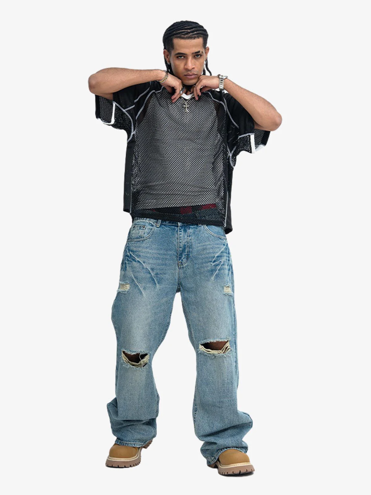 Contrast Panel Mesh Layered T-Shirt - Image 11