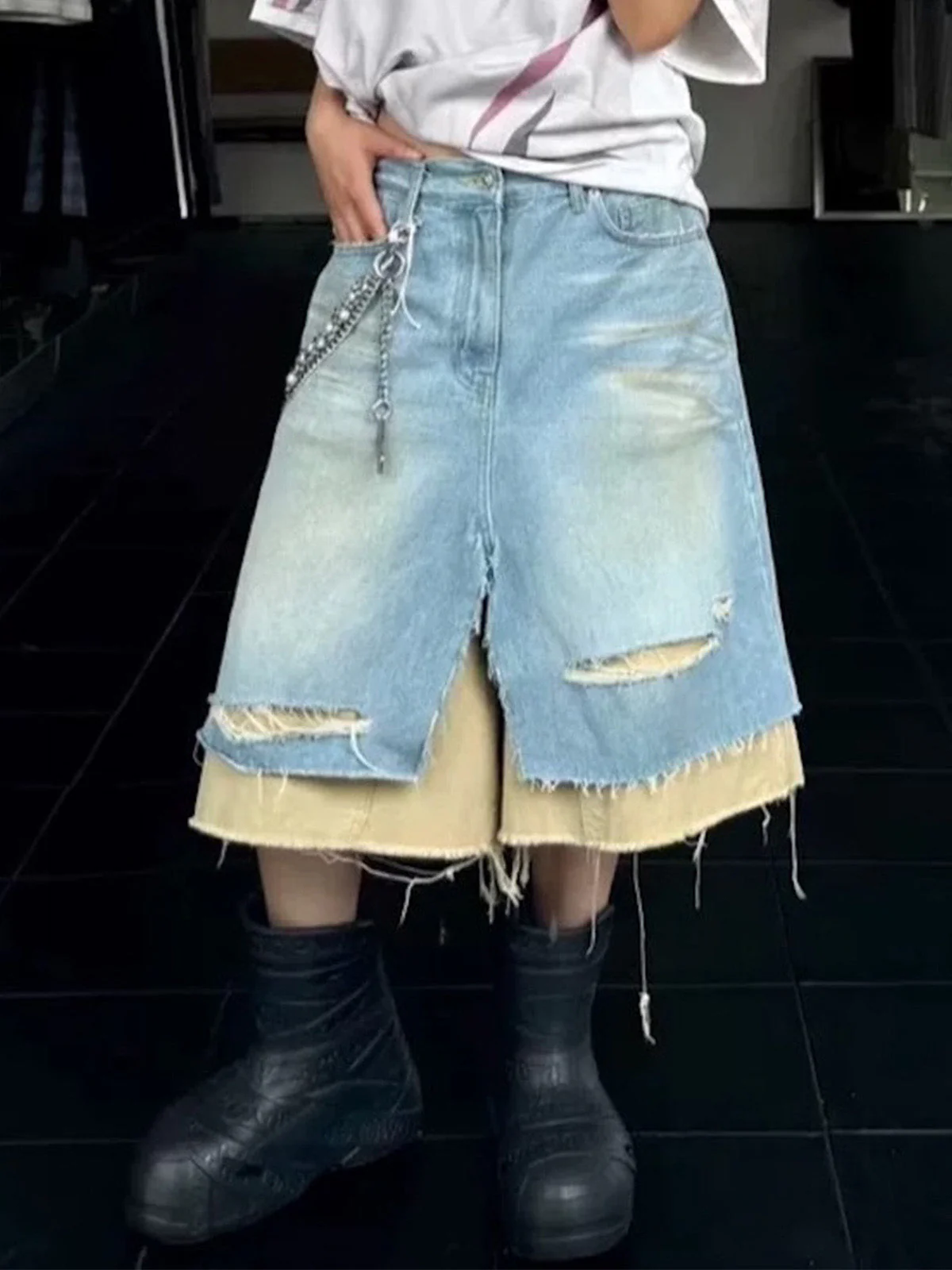 Layered Distressed Denim Jorts - Image 4