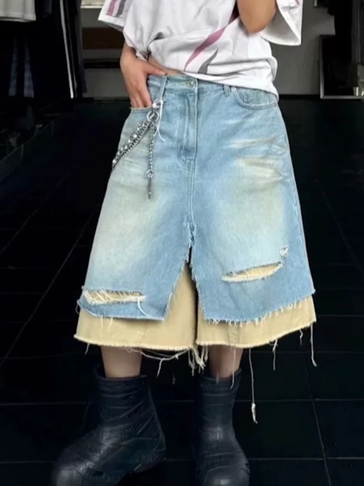 Layered Distressed Denim Jorts - Image 5