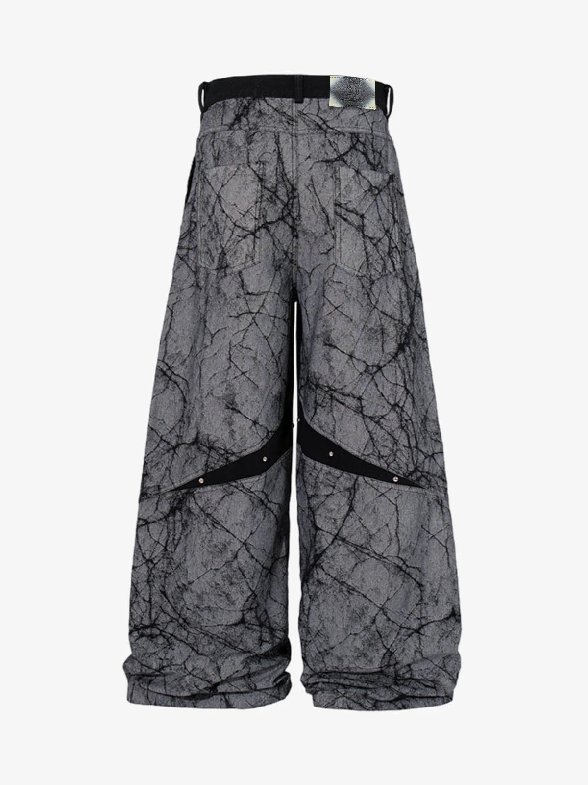 Crackle Print Panel Studded Pleated Denim Jeans - Image 2