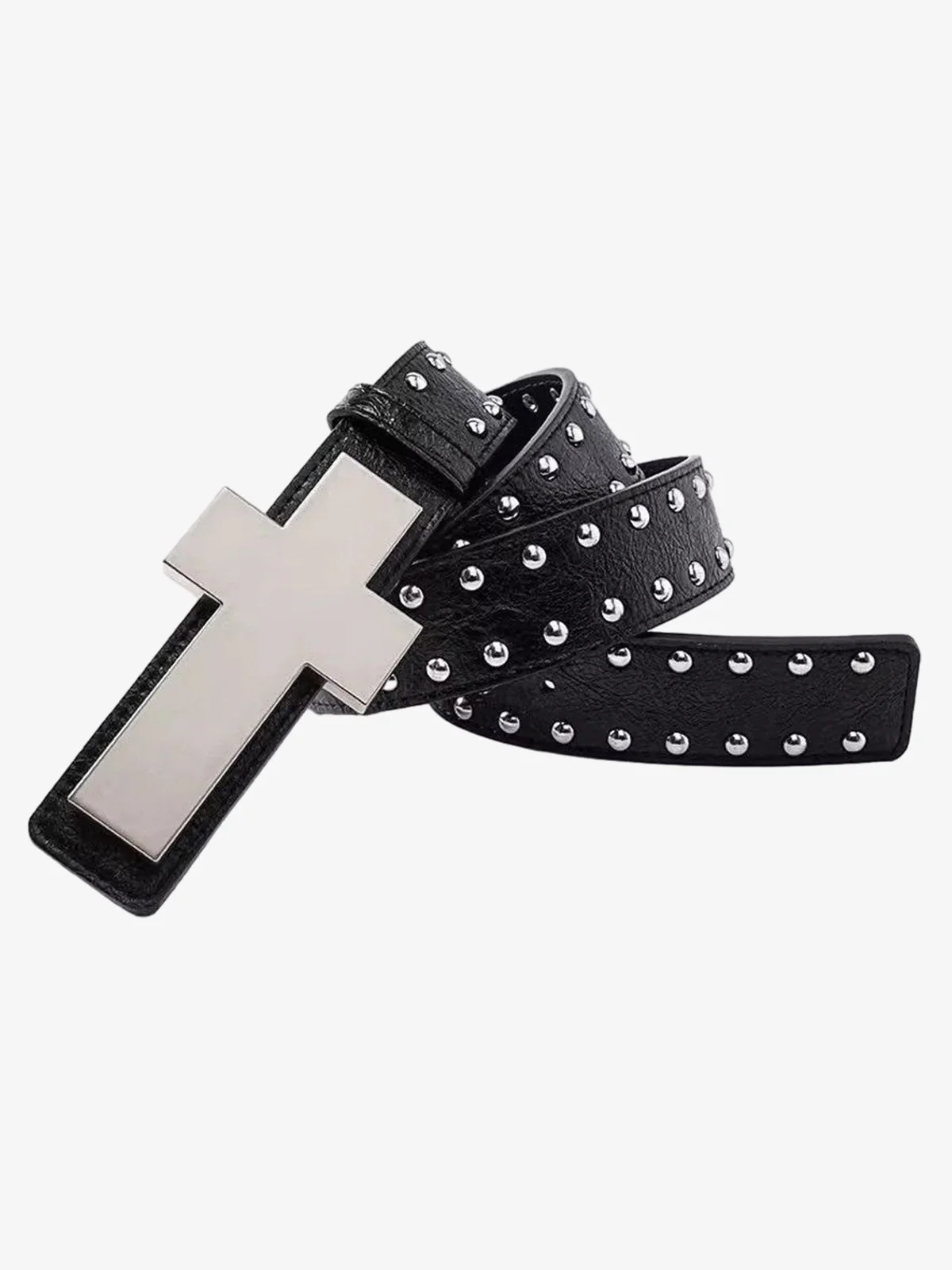 Cross Buckle Studded Black Leather Belt - Image 2