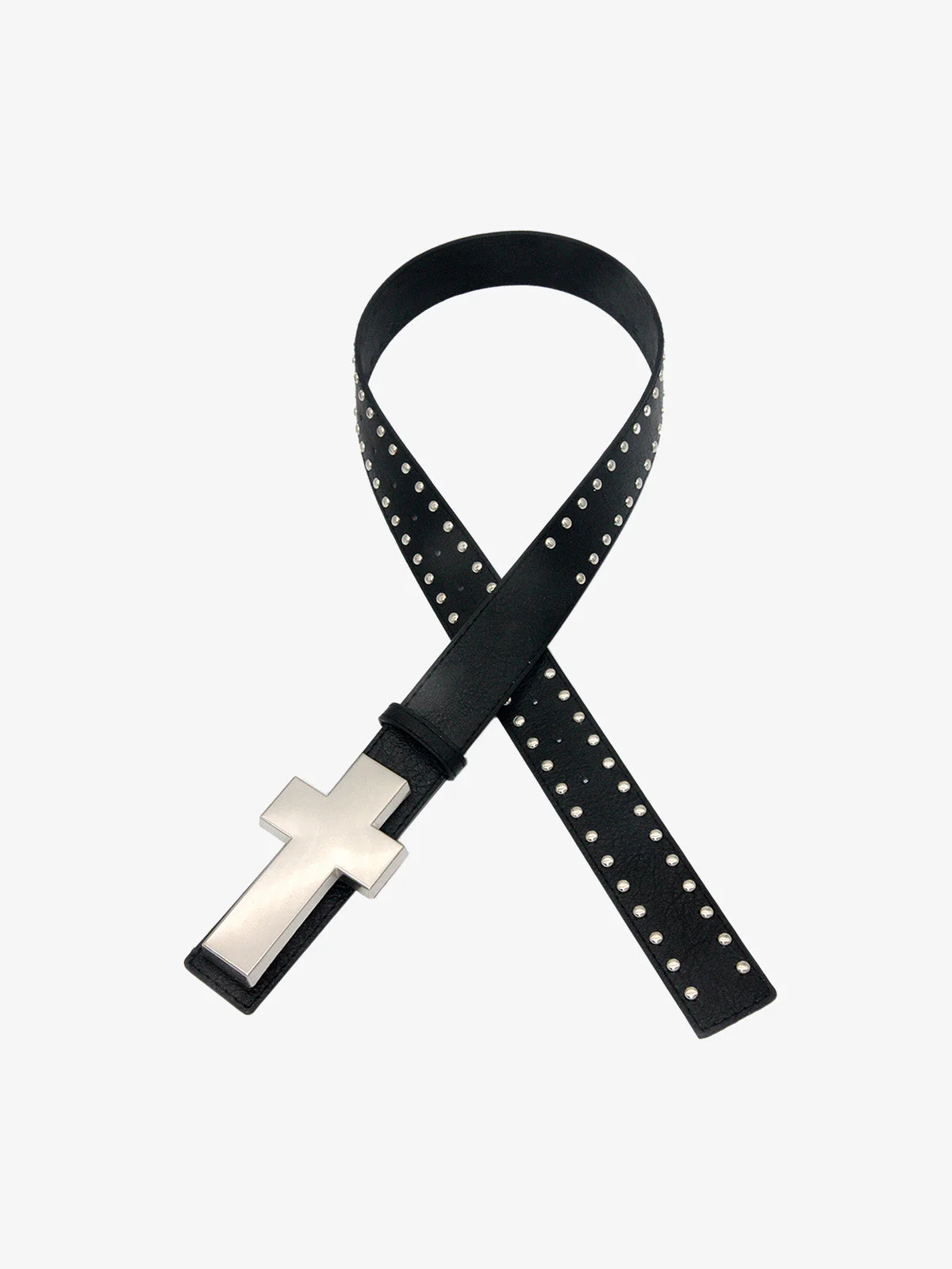 Cross Buckle Studded Black Leather Belt - Image 4