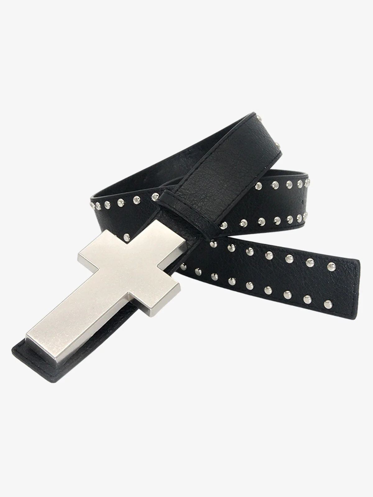 Cross Buckle Studded Black Leather Belt - Image 7