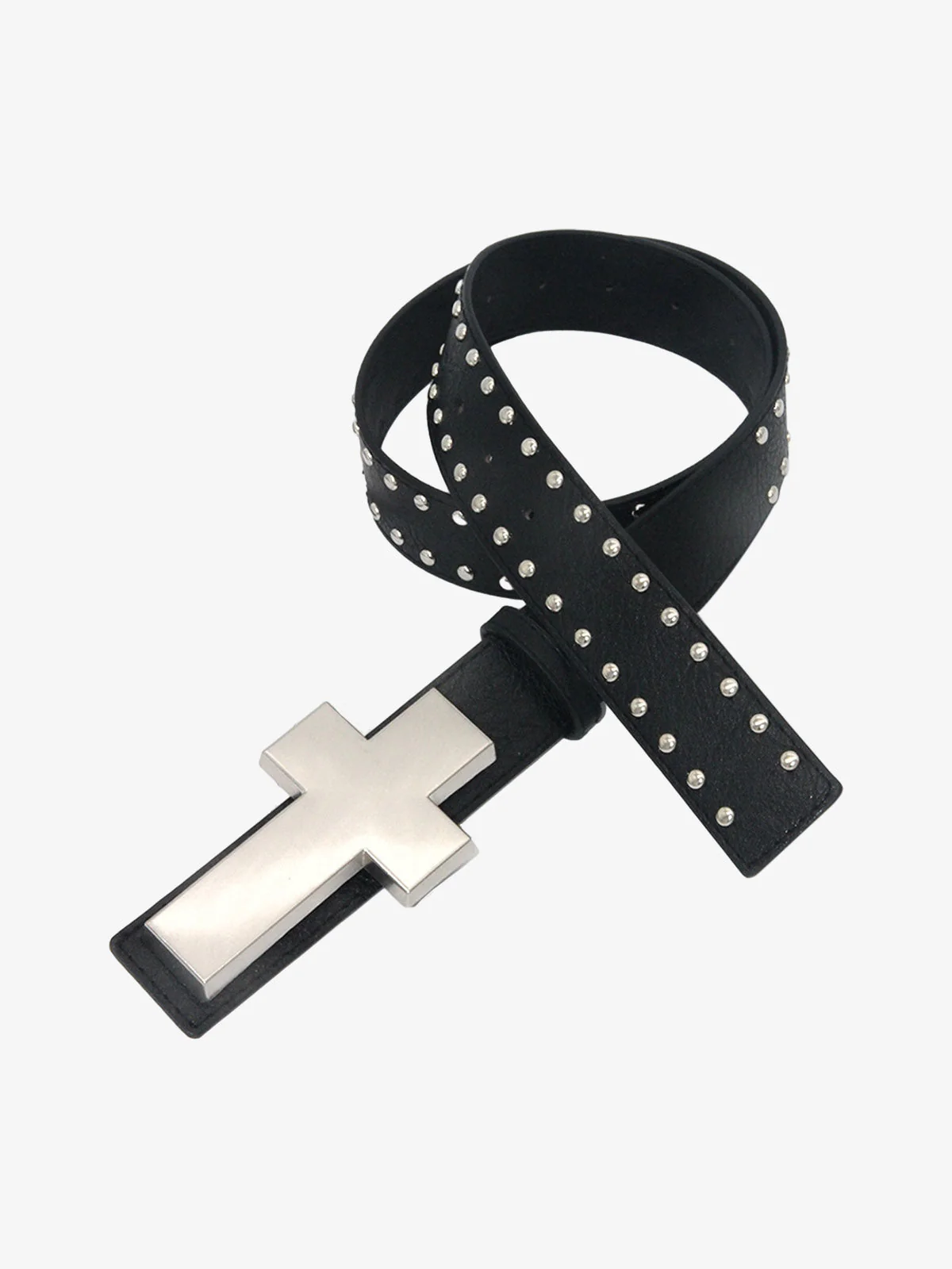 Cross Buckle Studded Black Leather Belt - Image 8