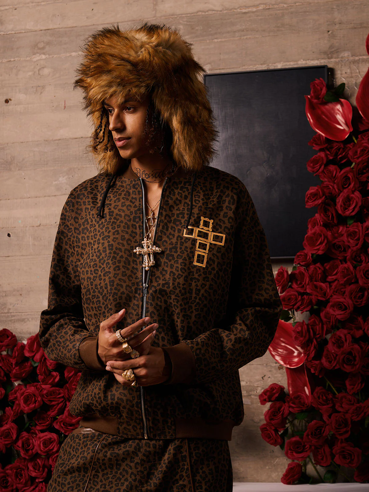 Cross Frame Leopard Print Baseball Jacket - Image 3