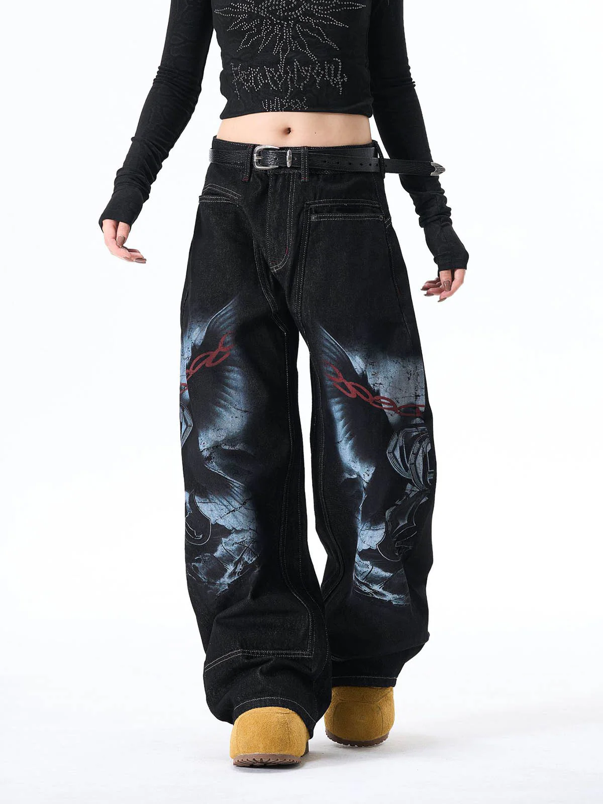 Dark Gothic Graphic Wide-Leg Jeans