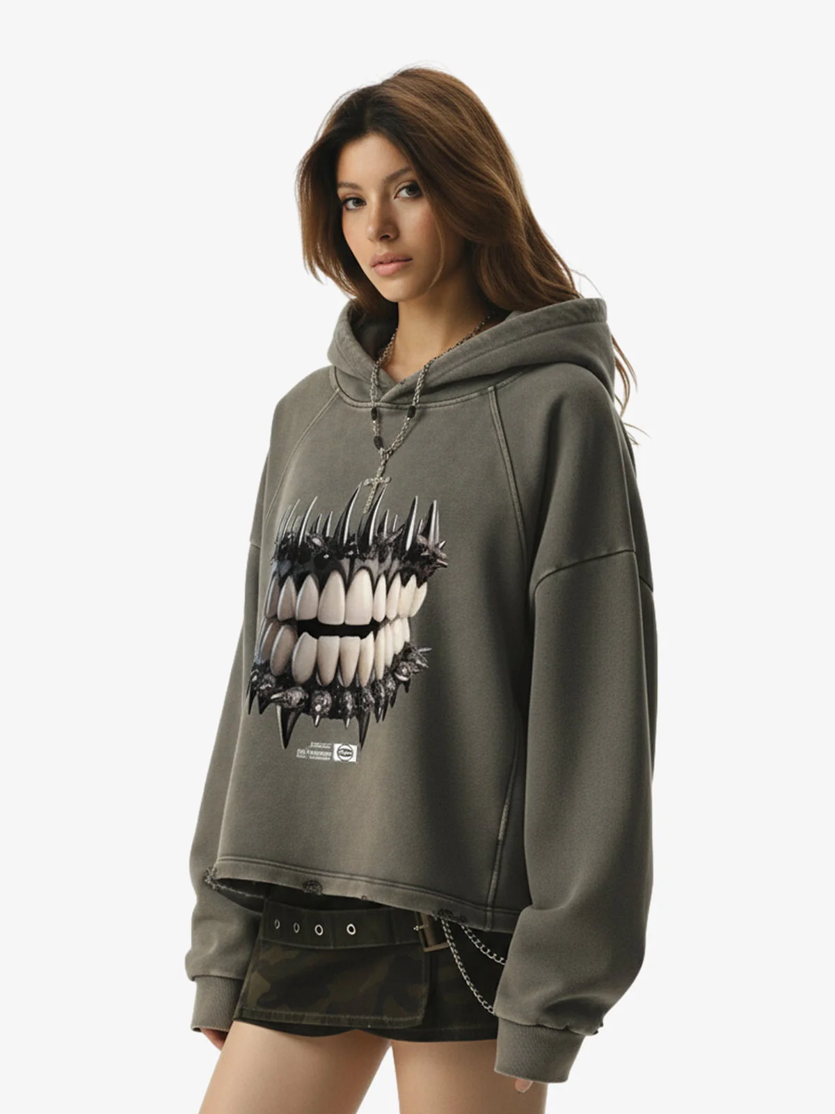 Dark Monster Teeth Graphic Cropped Hoodie - Image 3