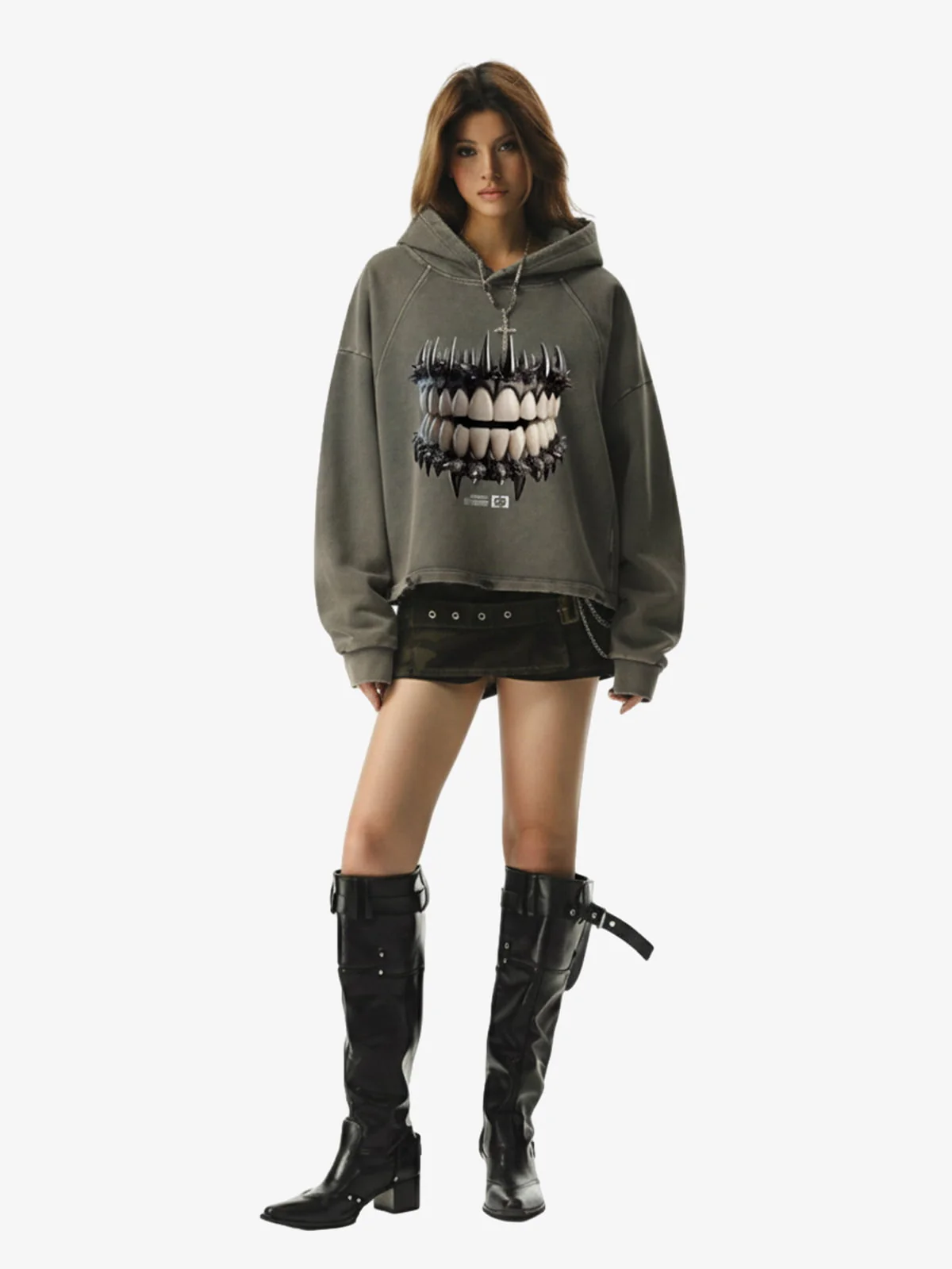 Dark Monster Teeth Graphic Cropped Hoodie - Image 4